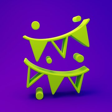 Green Carnival garland with flags icon isolated on purple-blue background. Party pennants for birthday celebration, festival and fair decoration. Minimalism concept. 3D render illustration