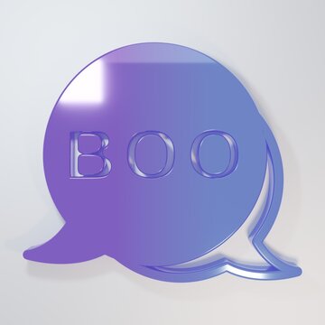 Purple-blue Boo speech bubble icon isolated on grey background. Happy Halloween party. Minimalism concept. 3D render illustration