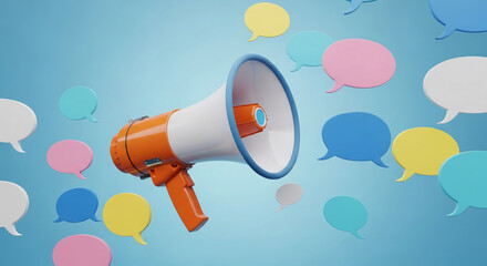 Poster - Orange megaphone with colorful speech bubbles, depicting communication, announcement, or marketing concept Free space for text