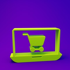 Fototapete - Green Shopping cart on screen laptop icon isolated on purple-blue background. Concept e-commerce, e-business, online business marketing. Minimalism concept. 3D render illustration