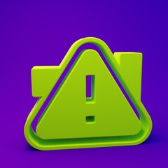 Fototapete - Green Exclamation mark in triangle icon isolated on purple-blue background. Hazard warning sign, careful, attention, danger warning important. Minimalism concept. 3D render illustration