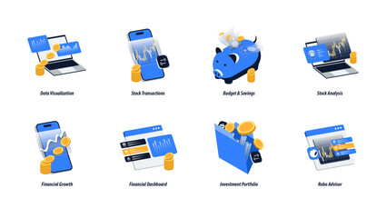 Wall Mural - isometric financial technology icon set. stock transactions, budget, savings, dashboard, data visual