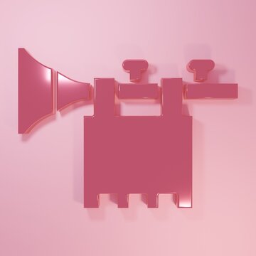 Pink Trumpet with flag icon isolated on pink background. Musical instrument trumpet. Minimalism concept. 3D render illustration