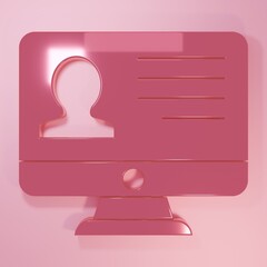 Poster - Pink Computer monitor with resume icon isolated on pink background. CV application. Searching professional staff. Analyzing personnel resume. Minimalism concept. 3D render illustration