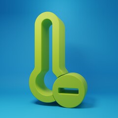 Poster - Green Meteorology thermometer measuring icon isolated on blue background. Thermometer equipment showing hot or cold weather. Minimalism concept. 3D render illustration