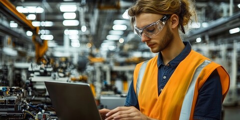 Aufkleber - Engineer Inspecting Modern Assembly Line with Laptop in High-Tech Automotive Production Facility
