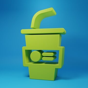 Green Paper glass with drinking straw and water icon isolated on blue background. Soda drink glass. Fresh cold beverage symbol. Minimalism concept. 3D render illustration