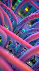 Poster - Closeup perspective of vibrant network cables connecting highcapacity servers in a data center showcasing the intricate weave of technology that supports cloud computing and big data