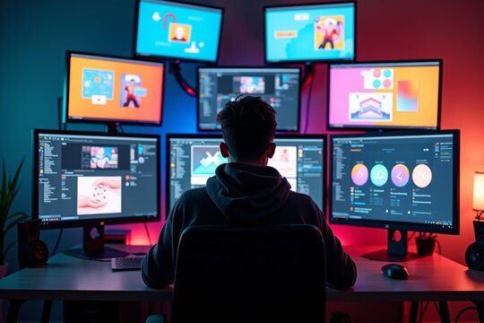 Graphic Web Designer Immersed in Project with Multiple Monitors and Desktop Computer as Central Focus