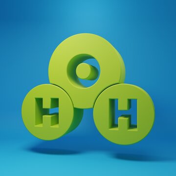 Green Chemical formula for water drops H2O shaped icon isolated on blue background. Minimalism concept. 3D render illustration