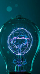 Poster - Close-up of glowing filament inside glass lightbulb, teal background, intricate network pattern, symbolizes innovation, technology, and ideas