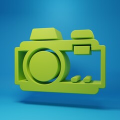 Poster - Green Photo camera icon isolated on blue background. Foto camera. Digital photography. Minimalism concept. 3D render illustration