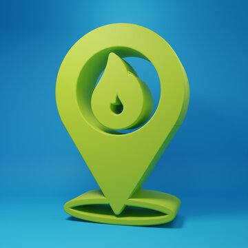 Green Map pointer with fire flame icon isolated on blue background. Fire nearby. Minimalism concept. 3D render illustration
