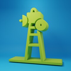 Poster - Green Satellite dish icon isolated on blue background. Radio antenna, astronomy and space research. Minimalism concept. 3D render illustration