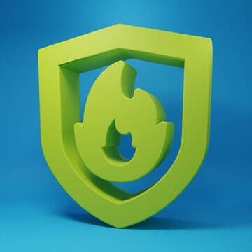 Green Fire protection shield icon isolated on blue background. Insurance concept. Security, safety, protection, protect concept. Minimalism concept. 3D render illustration