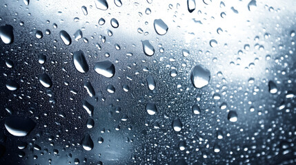 Poster - Abstract background with condensation water droplets dripping and trickling down a dark moody glass window during a rainy gloomy atmospheric weather storm