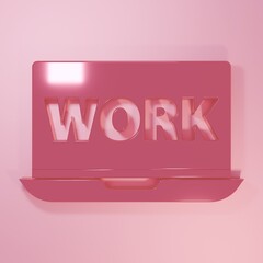 Poster - Pink Laptop with text work icon isolated on pink background. Minimalism concept. 3D render illustration