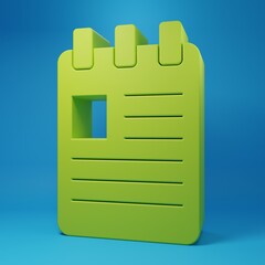 Poster - Green Notebook icon isolated on blue background. Spiral notepad icon. School notebook. Writing pad. Diary for school. Minimalism concept. 3D render illustration