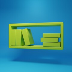 Poster - Green Shelf with books icon isolated on blue background. Shelves sign. Minimalism concept. 3D render illustration