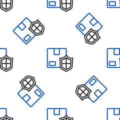 Poster - Line Delivery security with shield icon isolated seamless pattern on white background. Delivery insurance. Insured cardboard boxes beyond the shield. Colorful outline concept. Vector