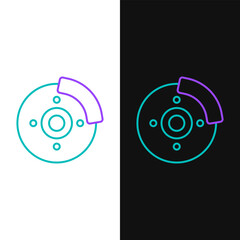 Poster - Line Car brake disk with caliper icon isolated on white and black background. Colorful outline concept. Vector
