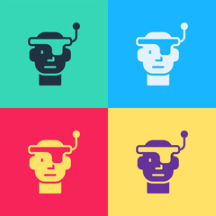 Poster - Pop art Smart glasses mounted on spectacles icon isolated on color background. Wearable electronics smart glasses with camera and display. Vector