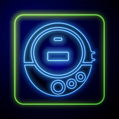 Poster - Glowing neon Music CD player icon isolated on blue background. Portable music device. Vector