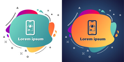 Poster - White Mobile smart phone with app delivery tracking icon isolated on white and blue background. Parcel tracking. Abstract banner with liquid shapes. Vector