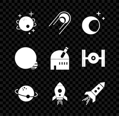 Poster - Set Planet, Satellite, Moon and stars, Rocket ship with fire, and Astronomical observatory icon. Vector