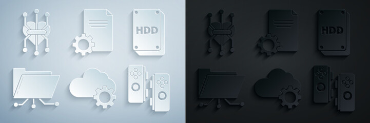 Poster - Set Cloud technology data transfer and storage, Hard disk drive HDD, Folder lock, Gamepad, File document and Processor icon. Vector