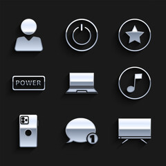 Poster - Set Laptop, Speech bubble chat, Smart Tv, Music note, tone, Smartphone, mobile phone, Power button, Star and Add friend icon. Vector