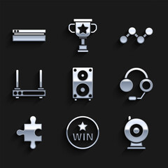 Poster - Set Stereo speaker, Medal, Web camera, Headphones, Piece of puzzle, Router and wi-fi signal, Share and Video game console icon. Vector