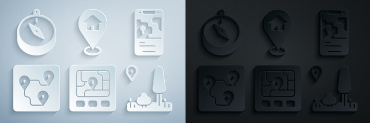 Poster - Set Gps device with map, City navigation, Route location, Location house and Compass icon. Vector