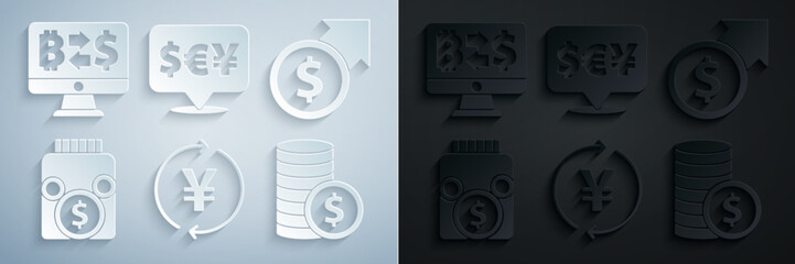 Poster - Set Coin money with Yen, Financial growth and dollar, Glass jar coin, Currency exchange and Cryptocurrency icon. Vector