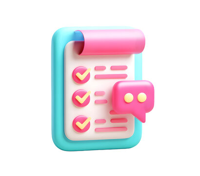 Task completed checklist notification bubble on a clipboard with a transparent background, rendered in pink, blue and yellow in 3d.