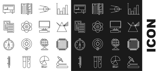 Fototapete - Set line Microscope, Processor, Light rays in prism, Satellite, Atom, Pills blister pack, Electrical measuring instruments and Computer monitor with keyboard and mouse icon. Vector
