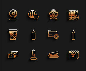 Aufkleber - Set line Envelope, Stamp, Web camera, Office stapler, Calendar, Marker pen, Pencil and Folder settings with gears icon. Vector