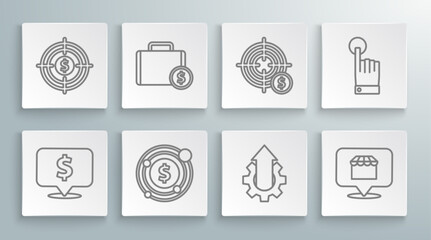 Aufkleber - Set line Speech bubble with dollar, Briefcase and money, Target symbol, Arrow growth gear business, Online shopping concept, Hand touch tap gesture and icon. Vector