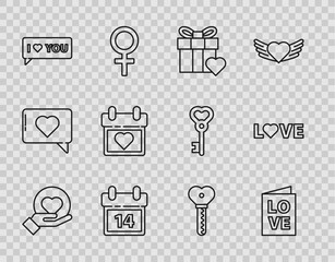 Poster - Set line Heart on hand, Valentines day party flyer, Gift box heart, Calendar with February 14, Speech bubble I love you, Key shape and Love text icon. Vector