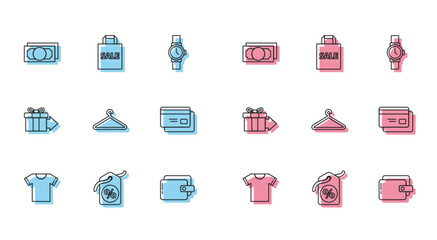 Poster - Set line T-shirt, Discount percent tag, Stacks paper money cash, Wallet, Hanger wardrobe, Credit card, Gift box and Shoping bag with Sale icon. Vector