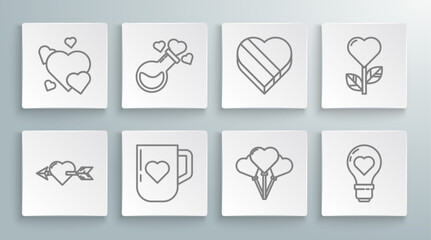 Poster - Set line Amour with heart and arrow, Bottle love potion, Coffee cup, Balloons in form, Heart shape light bulb, Candy shaped box, flower and icon. Vector