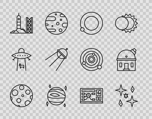 Poster - Set line Moon, Planet, Satellites orbiting the planet Earth, Venus, Rocket launch from spaceport, Futuristic hud interface and Astronomical observatory icon. Vector