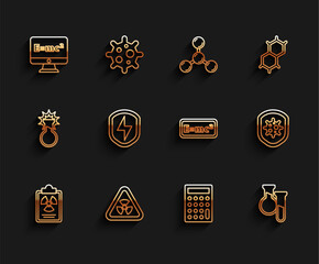 Poster - Set line Radiation warning document, Triangle with radiation, Equation solution, Calculator, Test tube and flask, Secure shield lightning, Shield protecting from virus and icon. Vector
