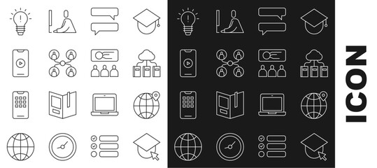 Poster - Set line Graduation cap on globe, Location the, Cloud or online library, Speech bubble chat, Online class, play video, Light bulb with concept of idea and Training, presentation icon. Vector