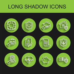 Poster - Set line House in hand, Life insurance, Lifebuoy, Piggy bank, Money with shield, Document, and icon. Vector