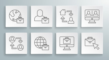 Fototapete - Set line Project team base, Freelancer, Online working, Video chat conference and icon. Vector