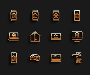 Poster - Set line Mobile phone with smart home, Smart house and alarm, watch, Laptop under protection, Digital door lock wireless technology for unlock, House temperature, Computer monitor and icon. Vector