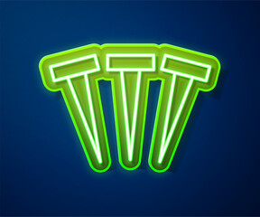 Poster - Glowing neon line Metallic nails icon isolated on blue background. Vector