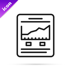 Fototapete - Black line Website with stocks market growth graphs and money icon isolated on white background. Monitor with stock charts arrow on screen. Vector
