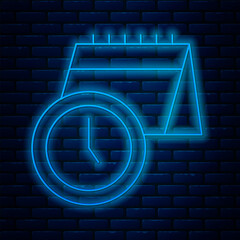 Fototapete - Glowing neon line Calendar and clock icon isolated on brick wall background. Schedule, appointment, organizer, timesheet, time management. Vector